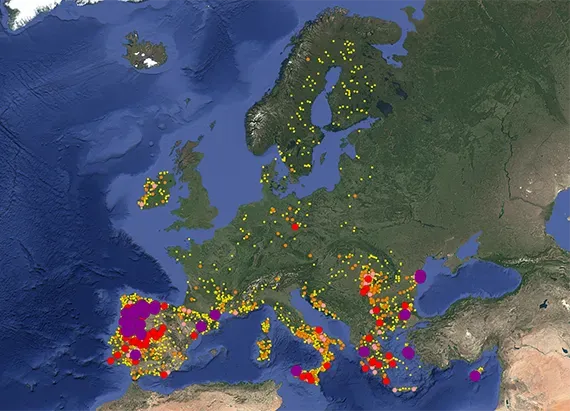 Map of burnt areas from wildfires in the 2025 fire season