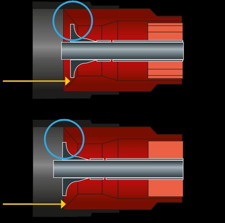 Schematic cross-sections of the AMPN fire nozzle showing precise regulation of the flow via baffle plate.
