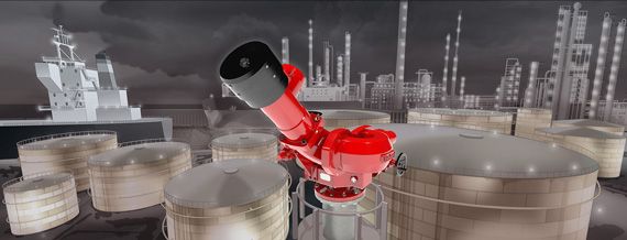 FireDos fire monitor with industrial facilities in the background